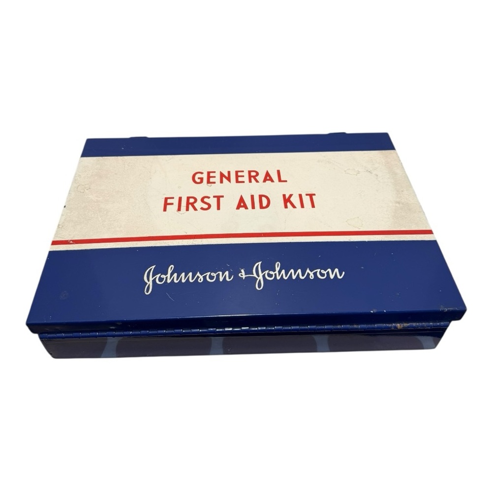 Vintage Johnson & Johnson Metal First Aid Kit w/ Original Contents 1950